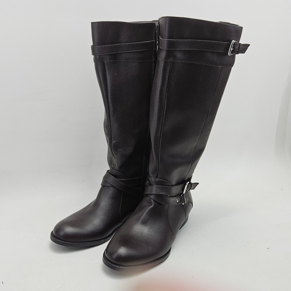 Comfortview Janis Dark Brown Leather Tall Riding Boots Womens Size 9M Buckle Zip